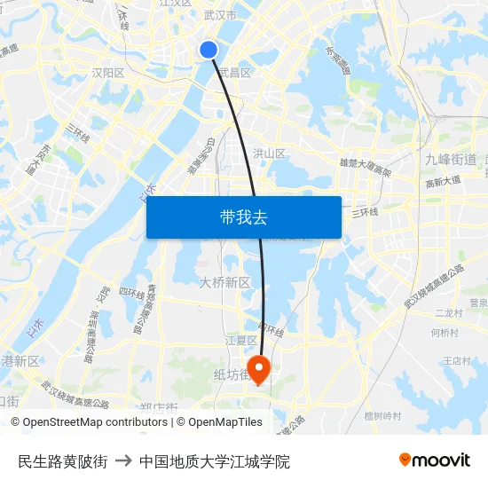 民生路黄陂街 to 中国地质大学江城学院 map