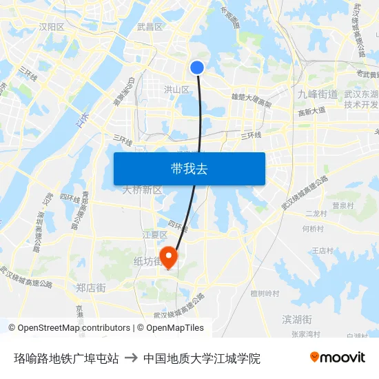 珞喻路地铁广埠屯站 to 中国地质大学江城学院 map