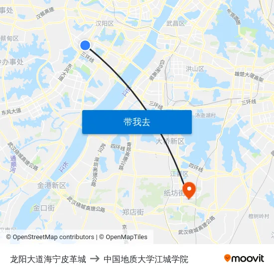 龙阳大道海宁皮革城 to 中国地质大学江城学院 map