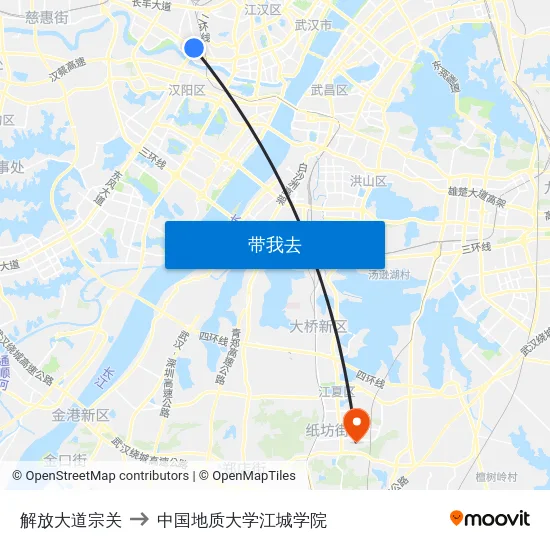 解放大道宗关 to 中国地质大学江城学院 map