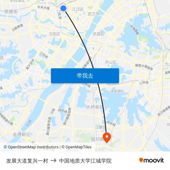 发展大道复兴一村 to 中国地质大学江城学院 map