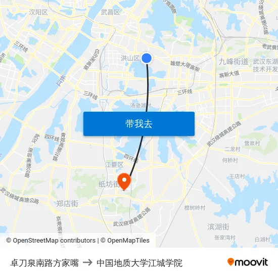 卓刀泉南路方家嘴 to 中国地质大学江城学院 map