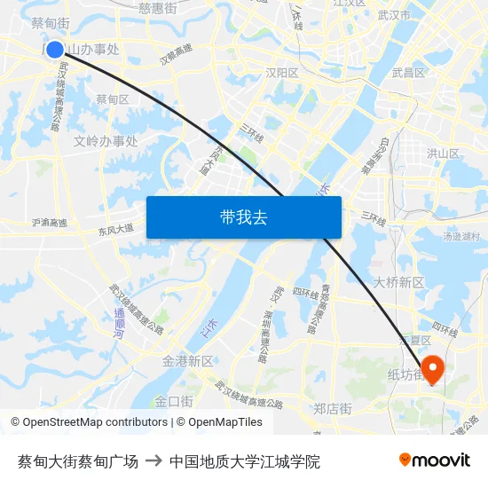 蔡甸大街蔡甸广场 to 中国地质大学江城学院 map