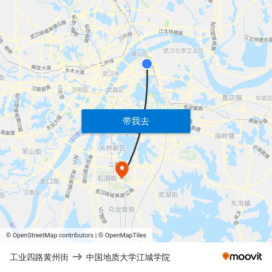 工业四路黄州街 to 中国地质大学江城学院 map