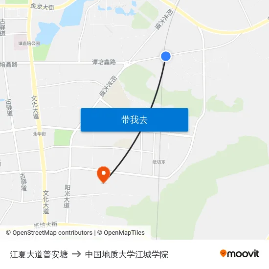 江夏大道普安塘 to 中国地质大学江城学院 map