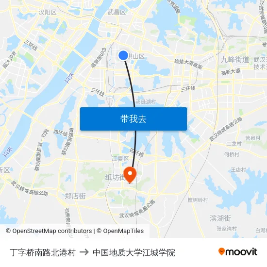 丁字桥南路北港村 to 中国地质大学江城学院 map