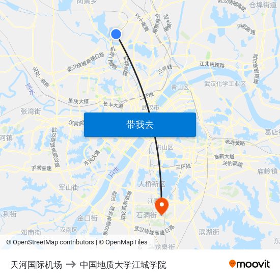 天河国际机场 to 中国地质大学江城学院 map