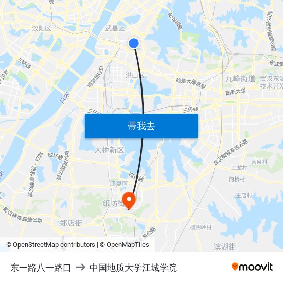 东一路八一路口 to 中国地质大学江城学院 map