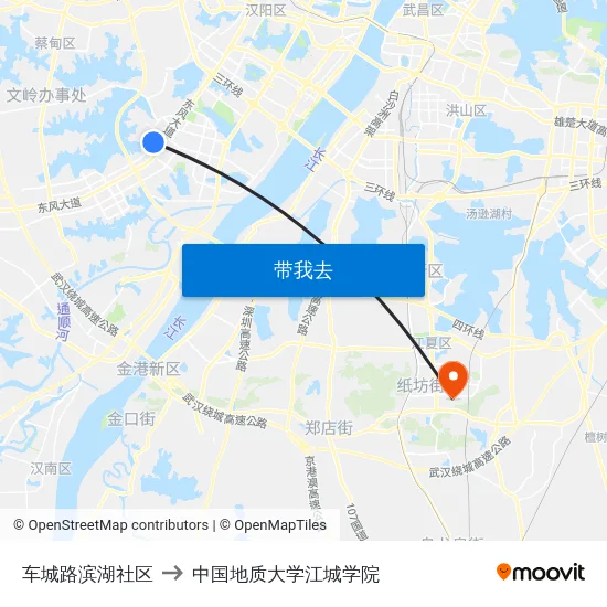 车城路滨湖社区 to 中国地质大学江城学院 map