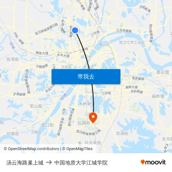 汤云海路巢上城 to 中国地质大学江城学院 map