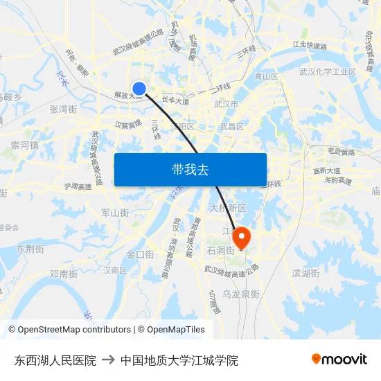 东西湖人民医院 to 中国地质大学江城学院 map