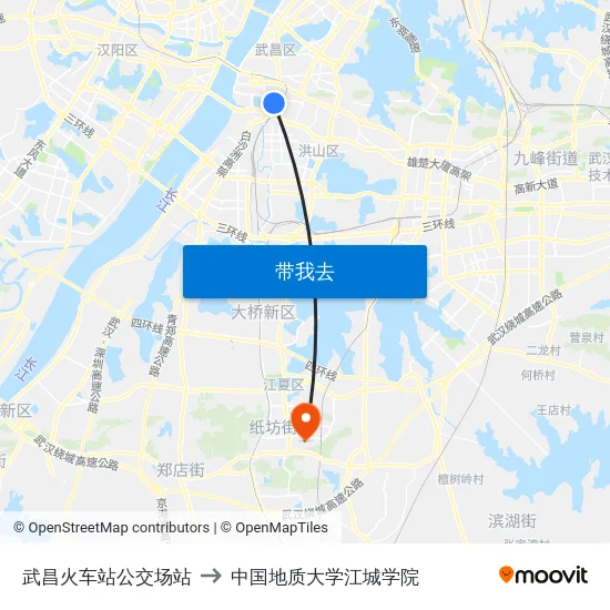 武昌火车站公交场站 to 中国地质大学江城学院 map