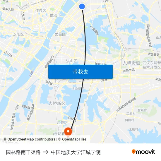 园林路南干渠路 to 中国地质大学江城学院 map