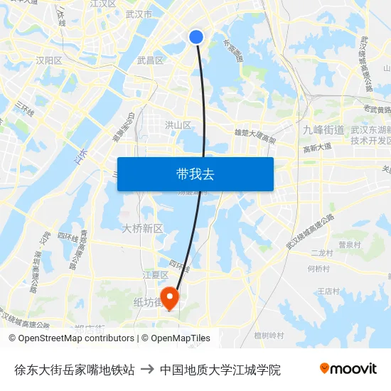 徐东大街岳家嘴地铁站 to 中国地质大学江城学院 map
