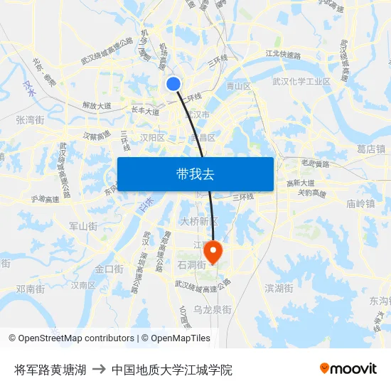 将军路黄塘湖 to 中国地质大学江城学院 map