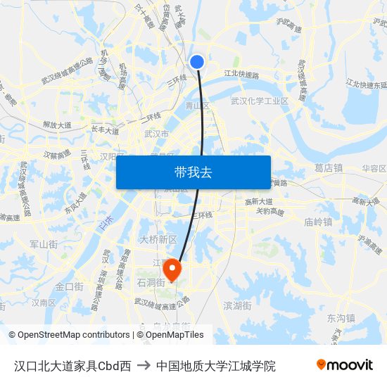 汉口北大道家具Cbd西 to 中国地质大学江城学院 map