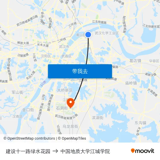 建设十一路绿水花园 to 中国地质大学江城学院 map