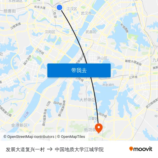 发展大道复兴一村 to 中国地质大学江城学院 map