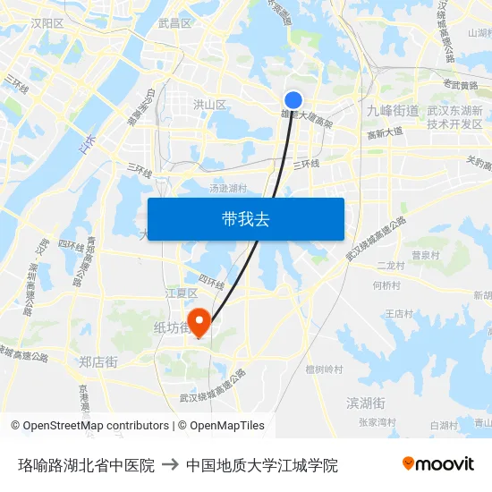 珞喻路湖北省中医院 to 中国地质大学江城学院 map