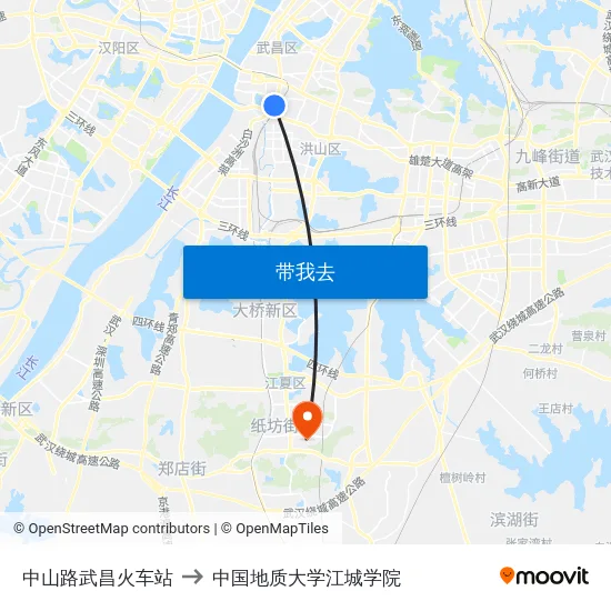 中山路武昌火车站 to 中国地质大学江城学院 map