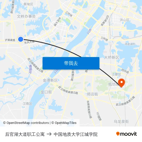 后官湖大道职工公寓 to 中国地质大学江城学院 map