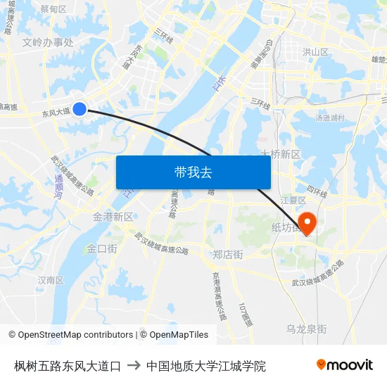 枫树五路东风大道口 to 中国地质大学江城学院 map