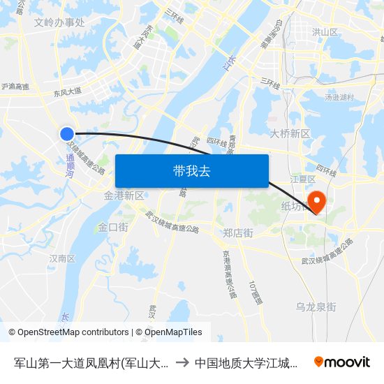 军山第一大道凤凰村(军山大道) to 中国地质大学江城学院 map