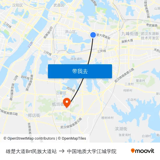 雄楚大道Brt民族大道站 to 中国地质大学江城学院 map