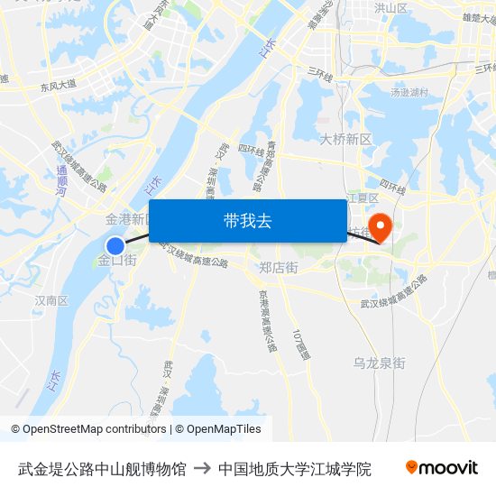 武金堤公路中山舰博物馆 to 中国地质大学江城学院 map