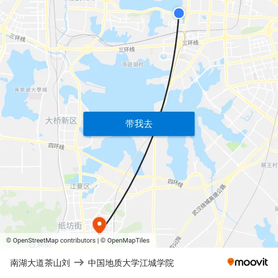 南湖大道茶山刘 to 中国地质大学江城学院 map