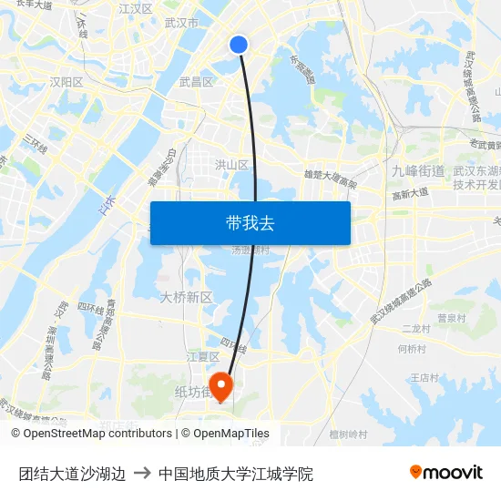 团结大道沙湖边 to 中国地质大学江城学院 map