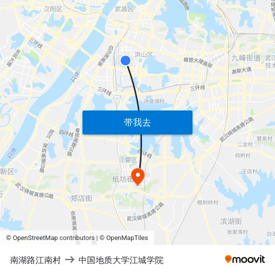 南湖路江南村 to 中国地质大学江城学院 map