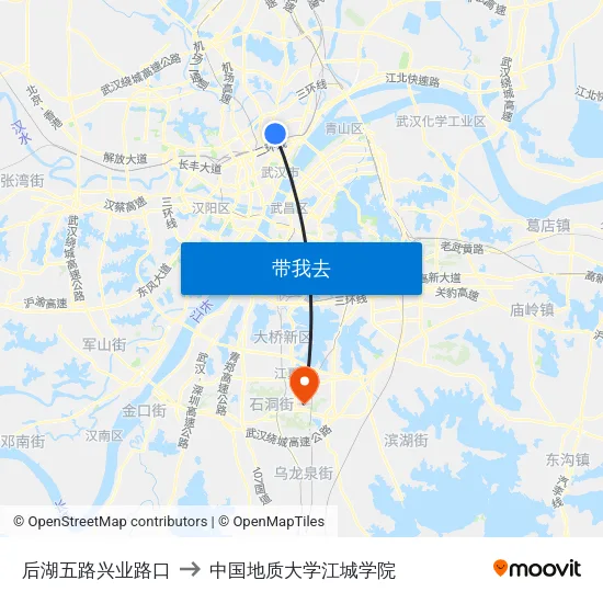 后湖五路兴业路口 to 中国地质大学江城学院 map