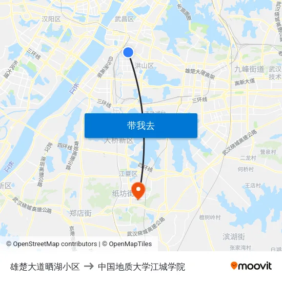 雄楚大道晒湖小区 to 中国地质大学江城学院 map