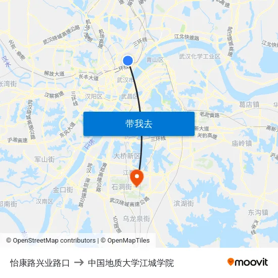 怡康路兴业路口 to 中国地质大学江城学院 map