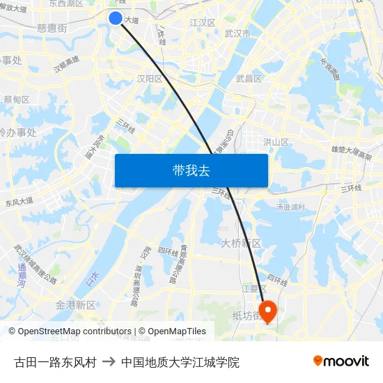 古田一路东风村 to 中国地质大学江城学院 map