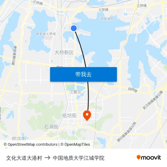 文化大道大港村 to 中国地质大学江城学院 map