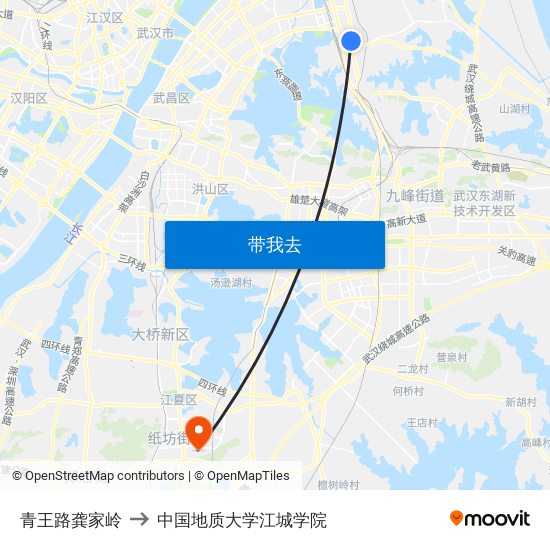 青王路龚家岭 to 中国地质大学江城学院 map