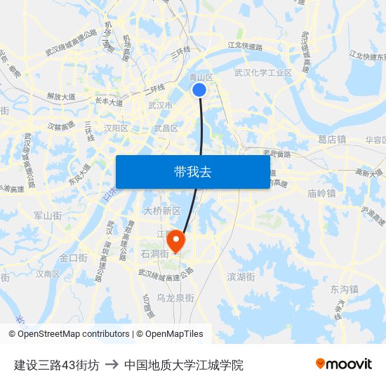 建设三路43街坊 to 中国地质大学江城学院 map