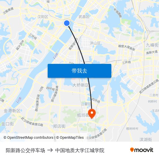 阳新路公交停车场 to 中国地质大学江城学院 map