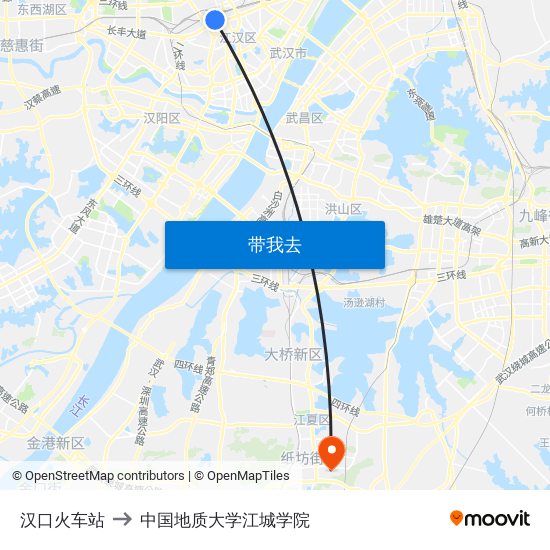 汉口火车站 to 中国地质大学江城学院 map