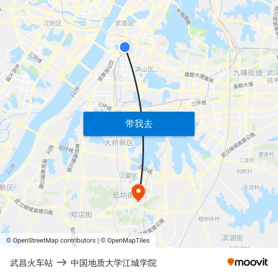 武昌火车站 to 中国地质大学江城学院 map