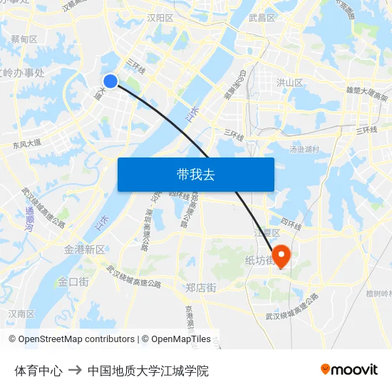 体育中心 to 中国地质大学江城学院 map
