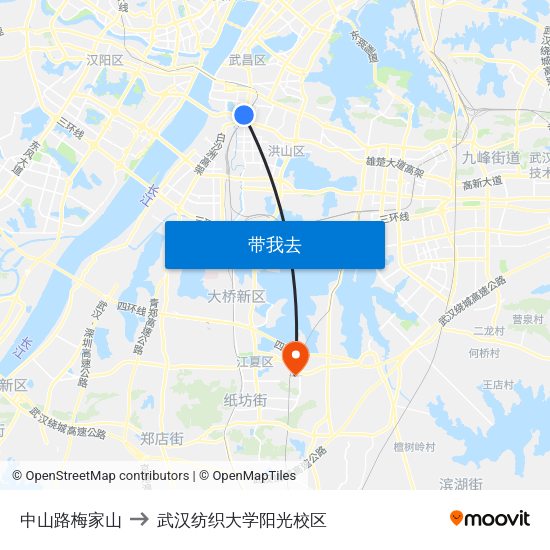 中山路梅家山 to 武汉纺织大学阳光校区 map