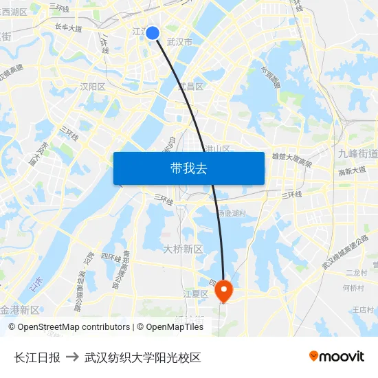 长江日报 to 武汉纺织大学阳光校区 map