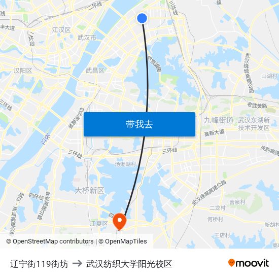 辽宁街119街坊 to 武汉纺织大学阳光校区 map