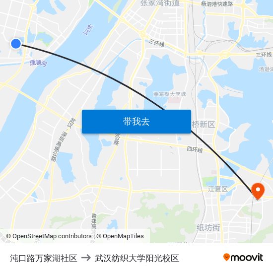 沌口路万家湖社区 to 武汉纺织大学阳光校区 map