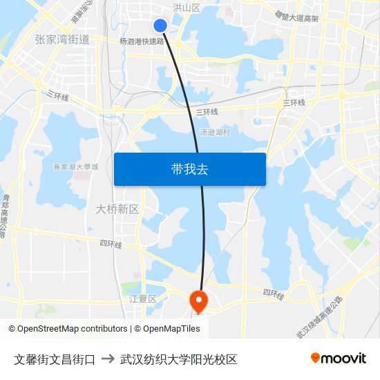 文馨街文昌街口 to 武汉纺织大学阳光校区 map