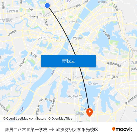 康居二路常青第一学校 to 武汉纺织大学阳光校区 map