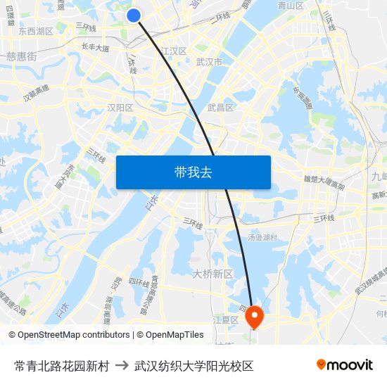 常青北路花园新村 to 武汉纺织大学阳光校区 map